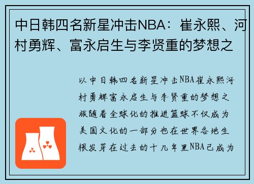 中日韩四名新星冲击NBA：崔永熙、河村勇辉、富永启生与李贤重的梦想之旅