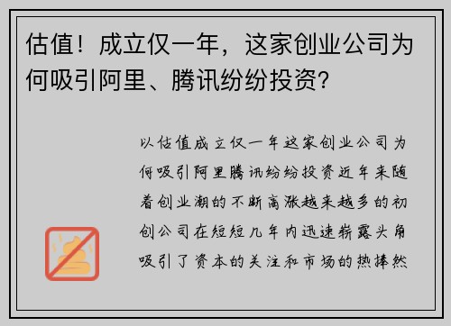 估值！成立仅一年，这家创业公司为何吸引阿里、腾讯纷纷投资？